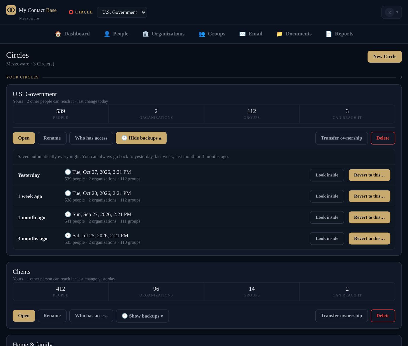 Circle backups: yesterday, 1 week, 1 month and 3 months ago, each with Look inside and Revert
