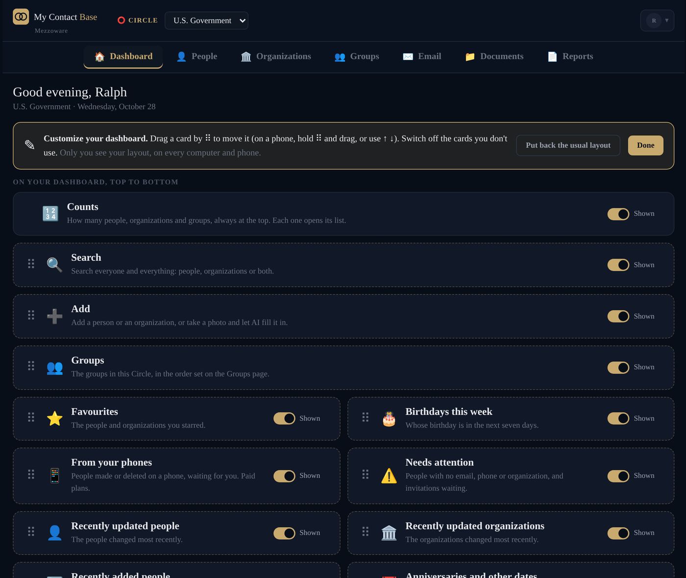 Customizing the dashboard