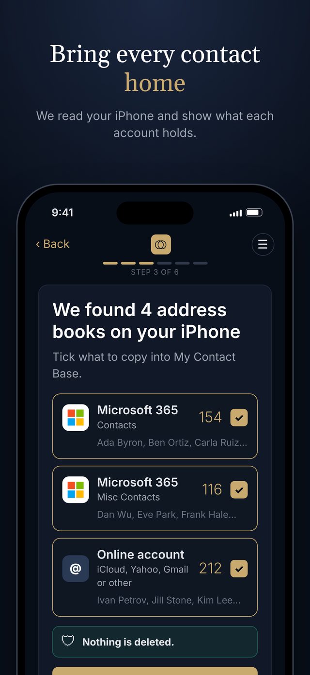 The Migration Tool listing the address books it found on an iPhone