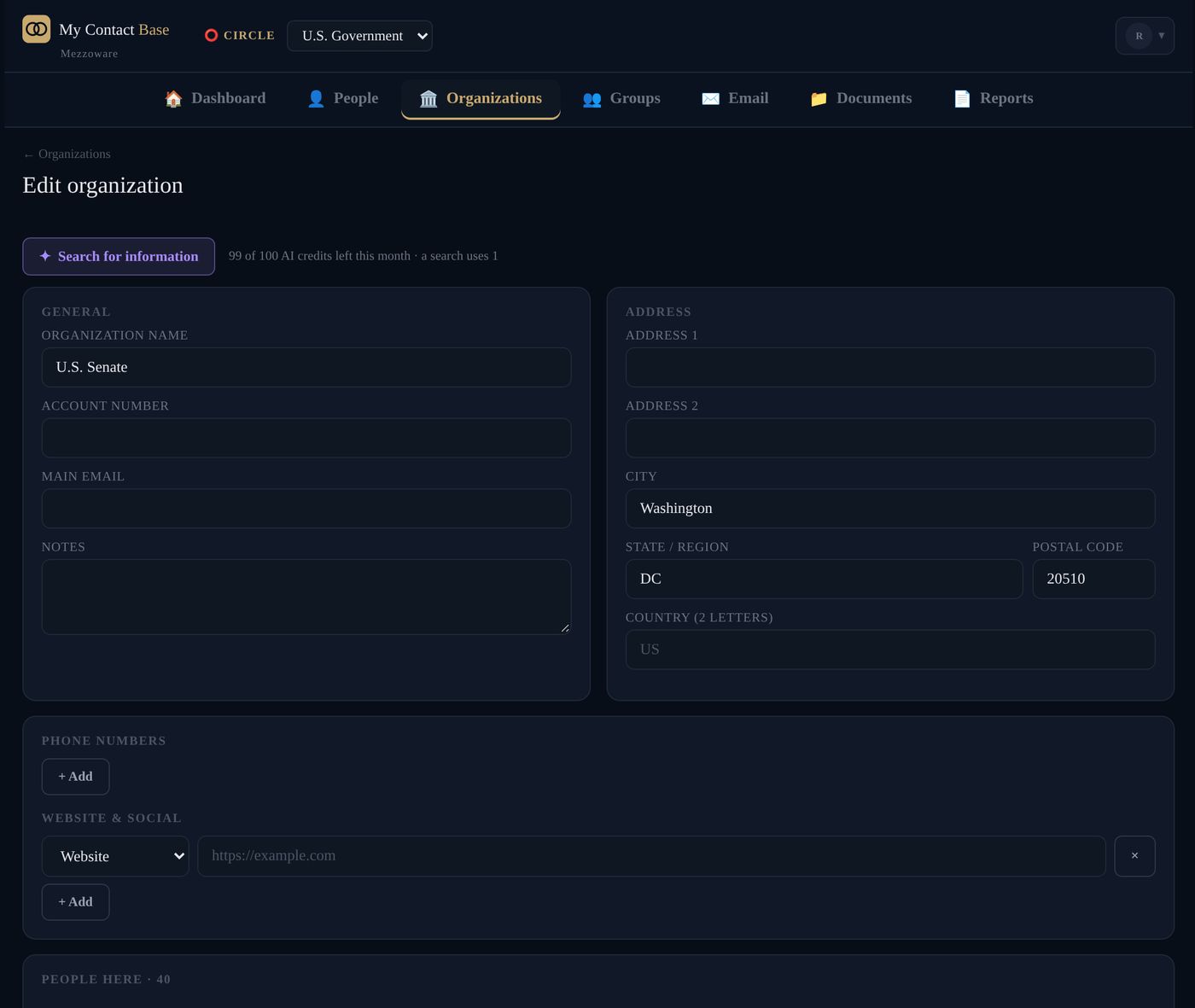 The Search for information button on an organization