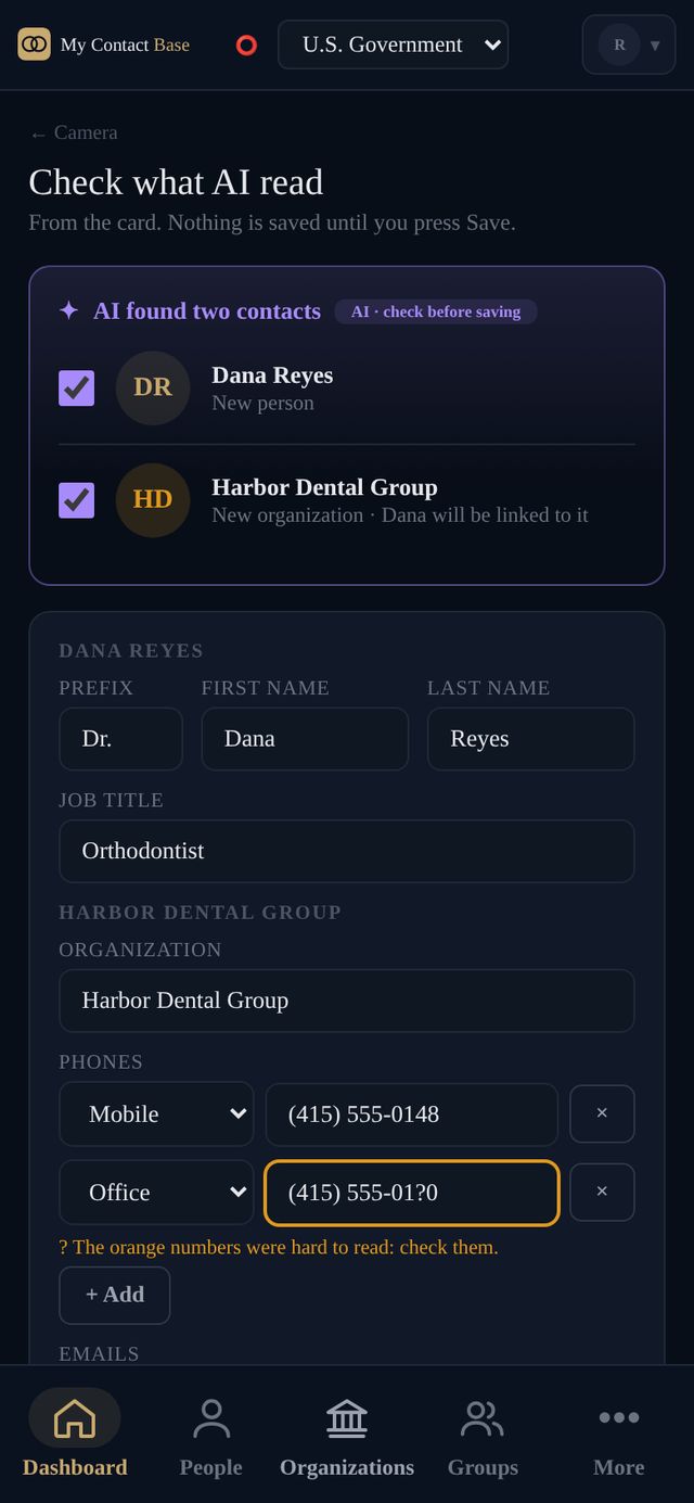 Check what AI read: a person and an organization found on a business card