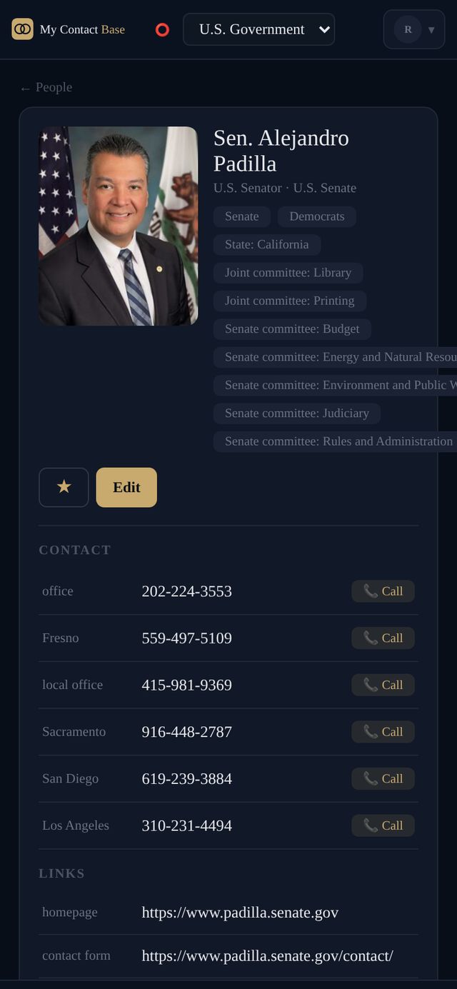 A senator's card on a phone, with every office phone number